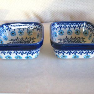 Handmade Polish Pottery Set of 2 Small Square Dishes New w/ Tags Blue Pattern